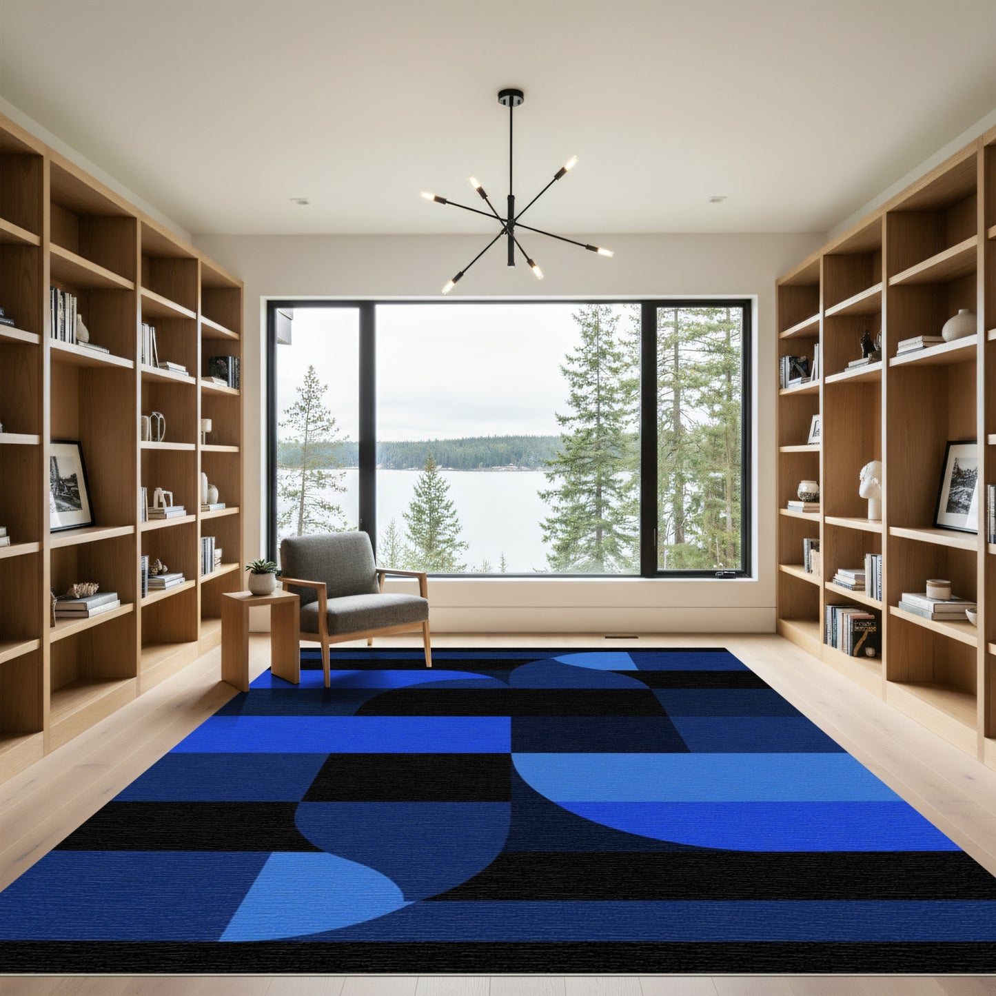 Deep Blue Black Geometric Curve Rug
