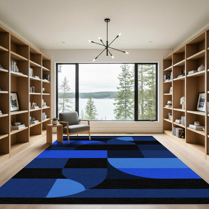 Deep Blue Black Geometric Curve Rug