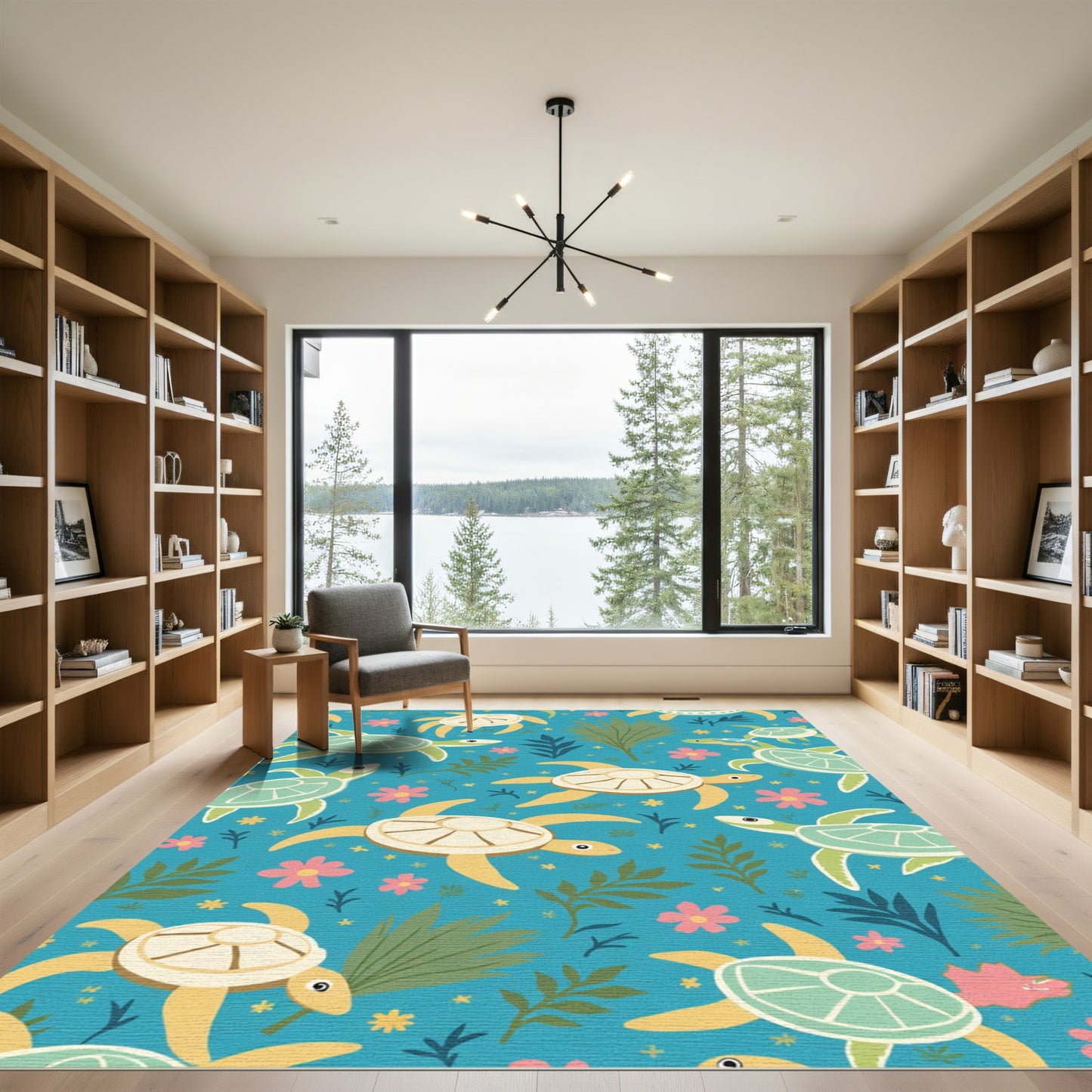 Whimsical Sea Turtle Floral Ocean Rug