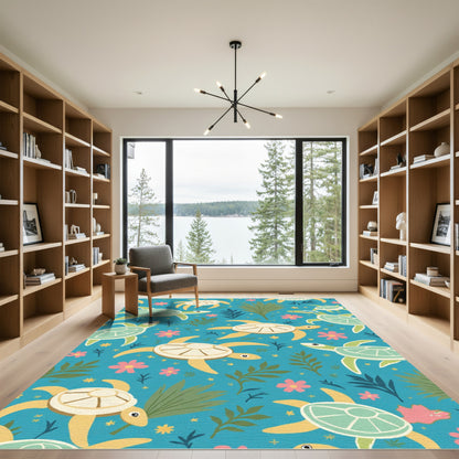 Whimsical Sea Turtle Floral Ocean Rug