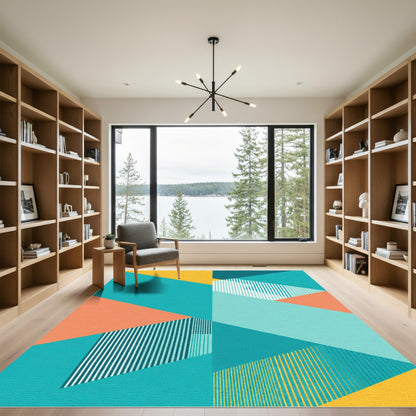 Geometric Teal Coral Yellow Stripes Rug
