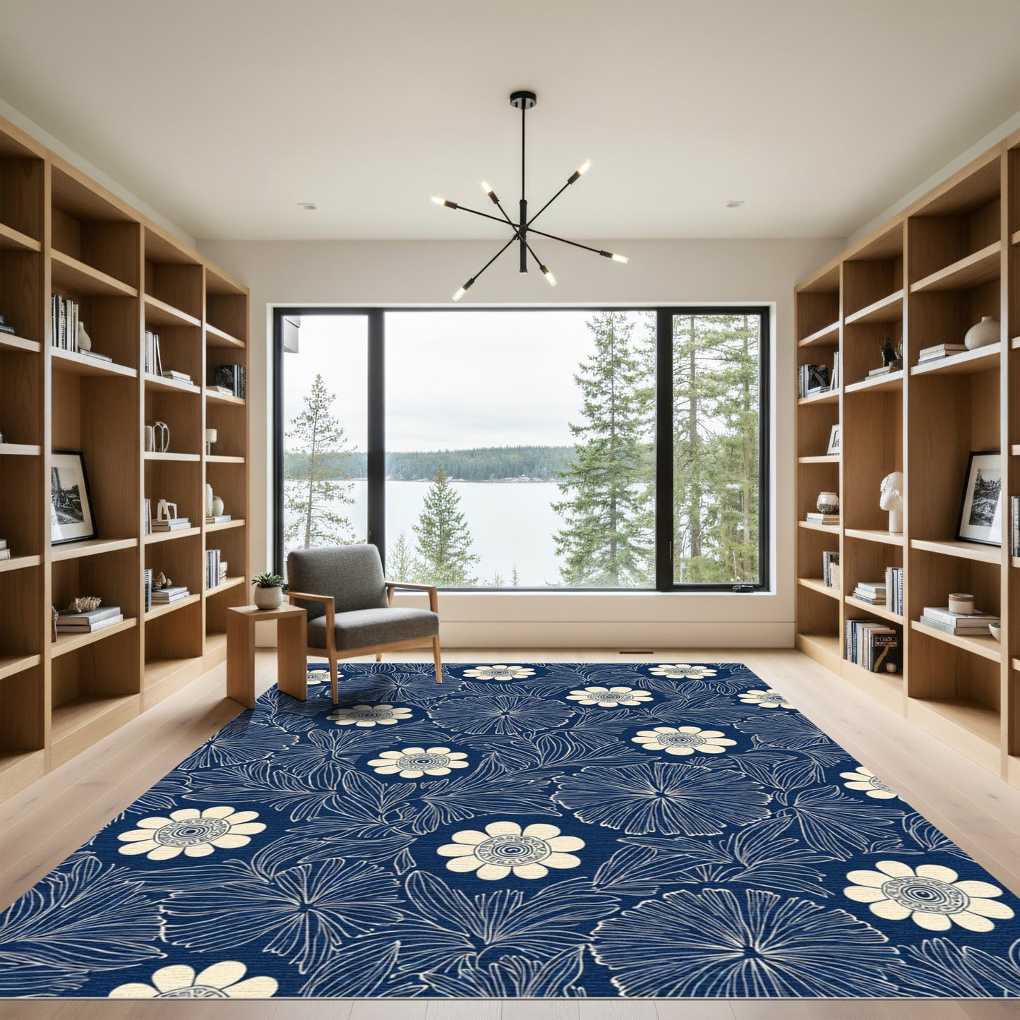 Navy Cream Detailed Floral Garden Rug