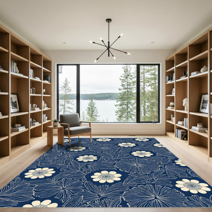 Navy Cream Detailed Floral Garden Rug