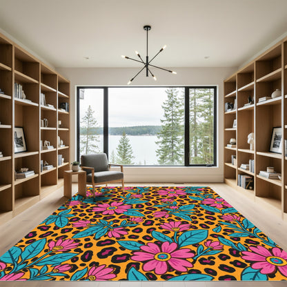 Vibrant Pink Floral Leopard Print Rug