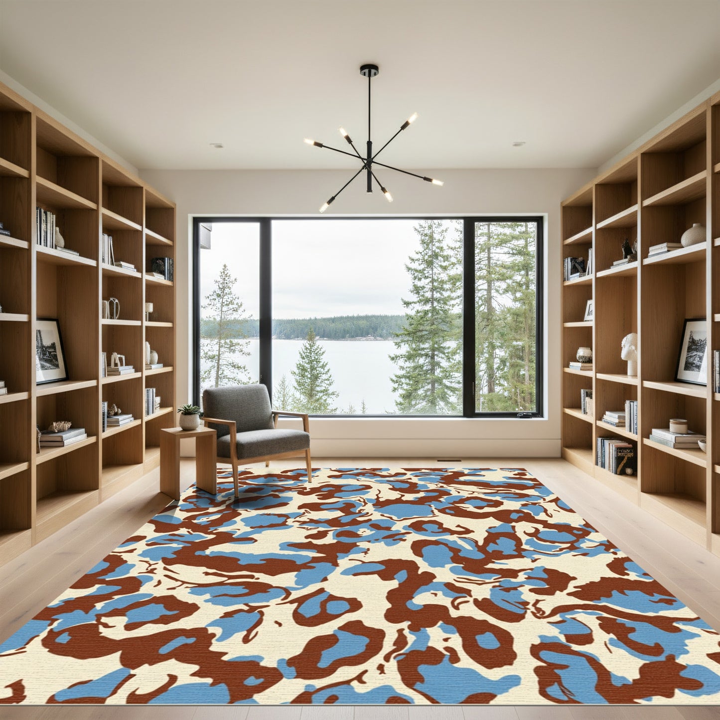 Ecru Blue Brown Abstract Splatter Rug