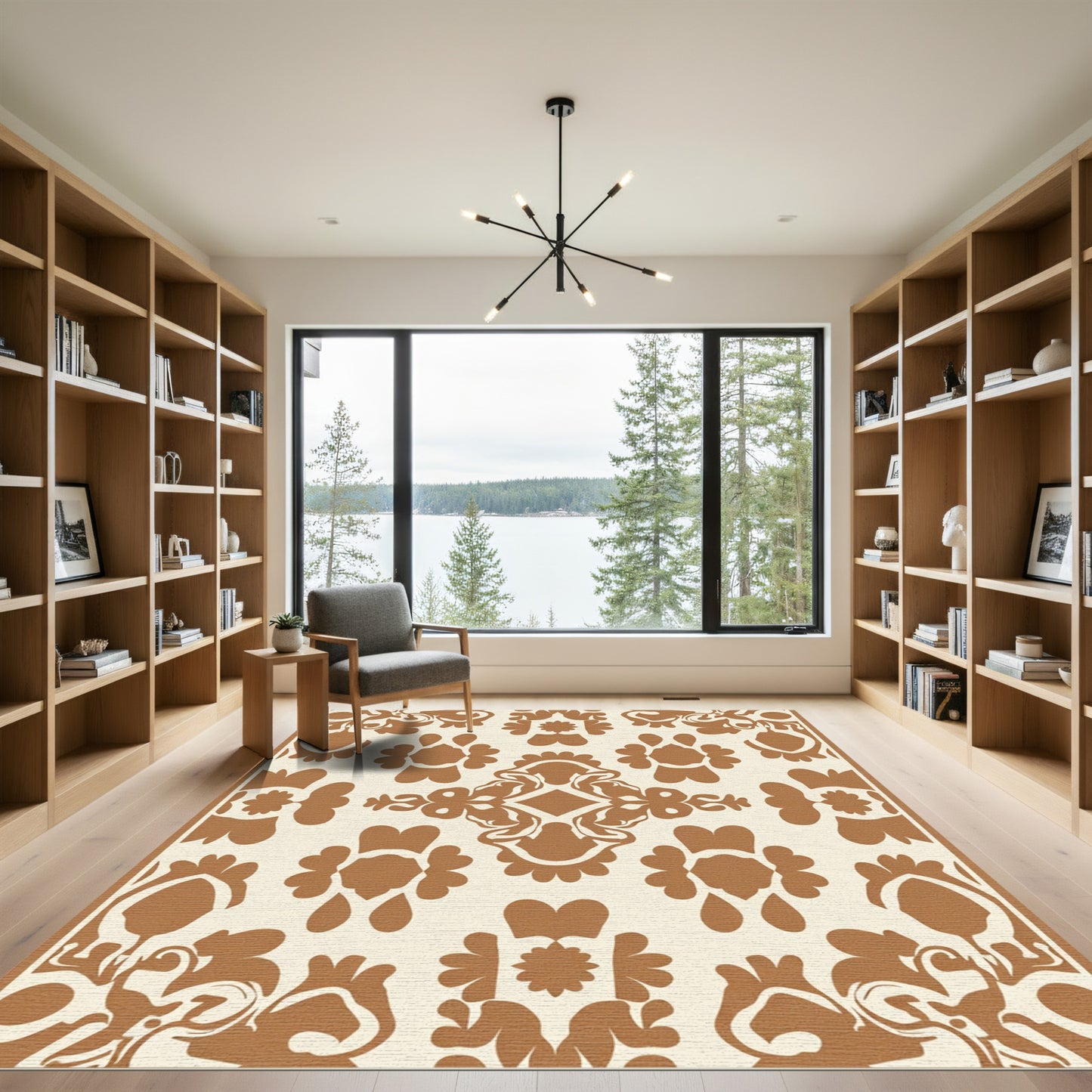 Brown White Ornate Damask Rug