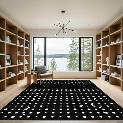 Contemporary Black White Dotted Grid Rug