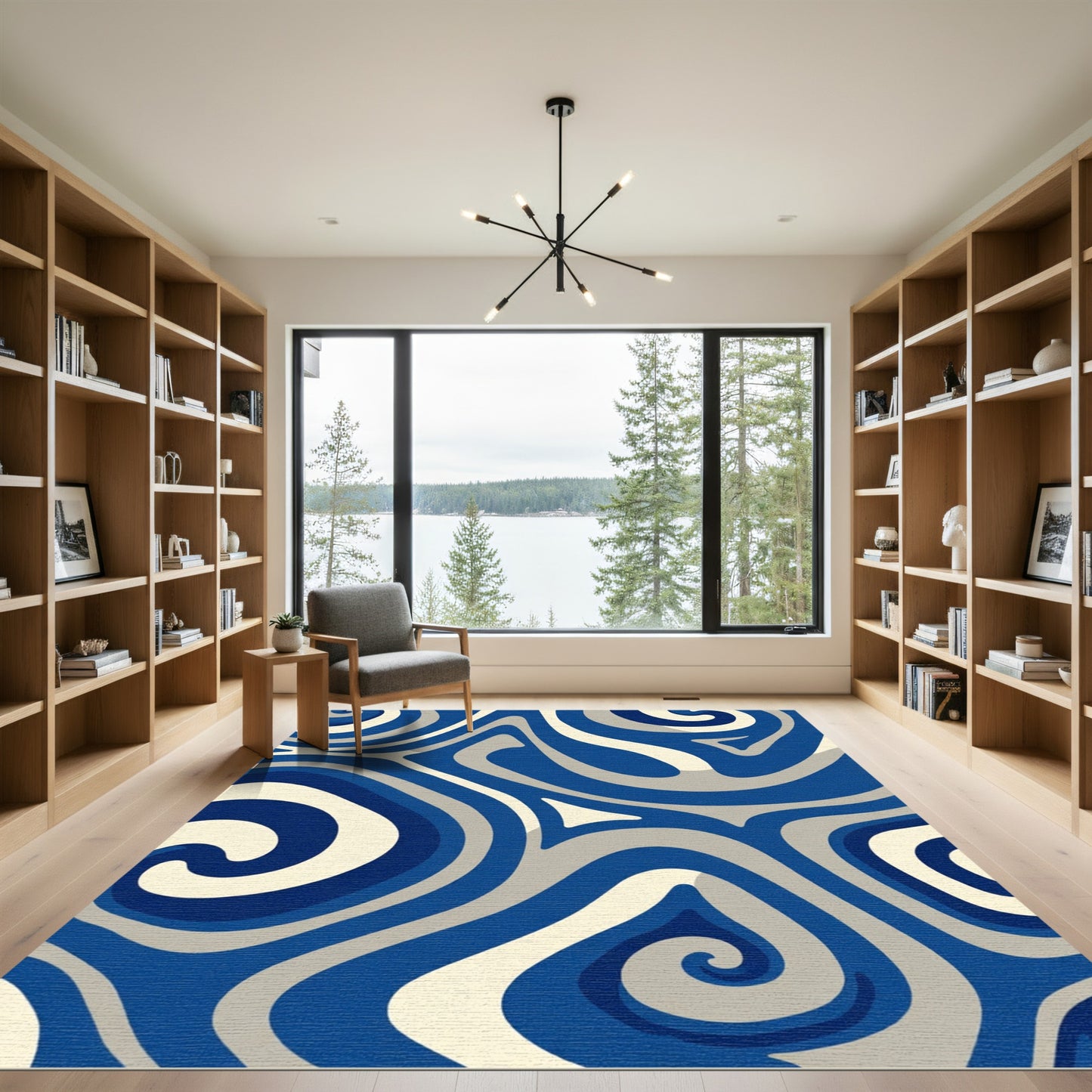 Deep Blue Cream Swirl Abstract Rug