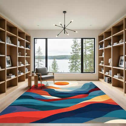 Vibrant Sun Over Abstract Mountain Waves Rug