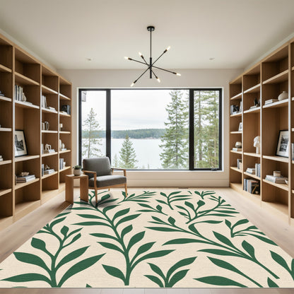 Deep Green Branching Foliage Contemporary Weave Rug