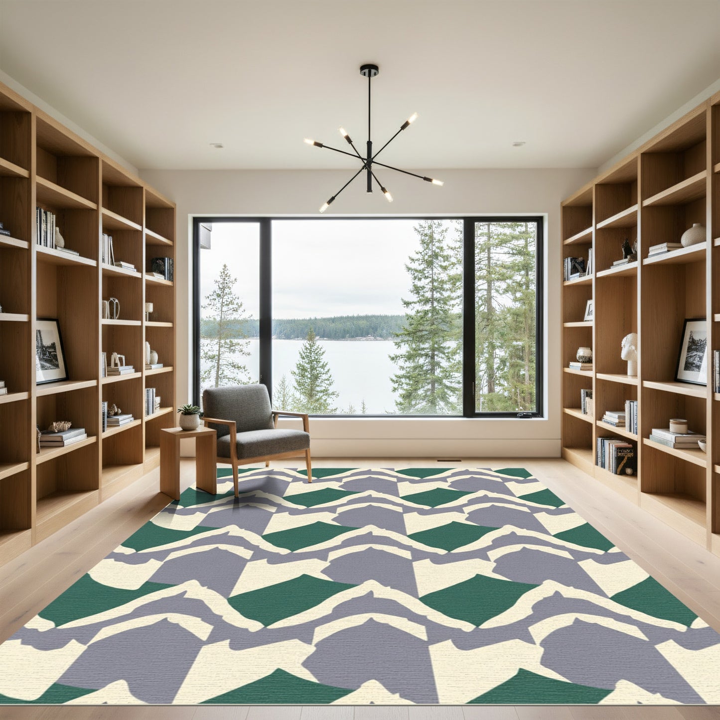 Green Gray Cream Jagged Mountain Landscape Rug