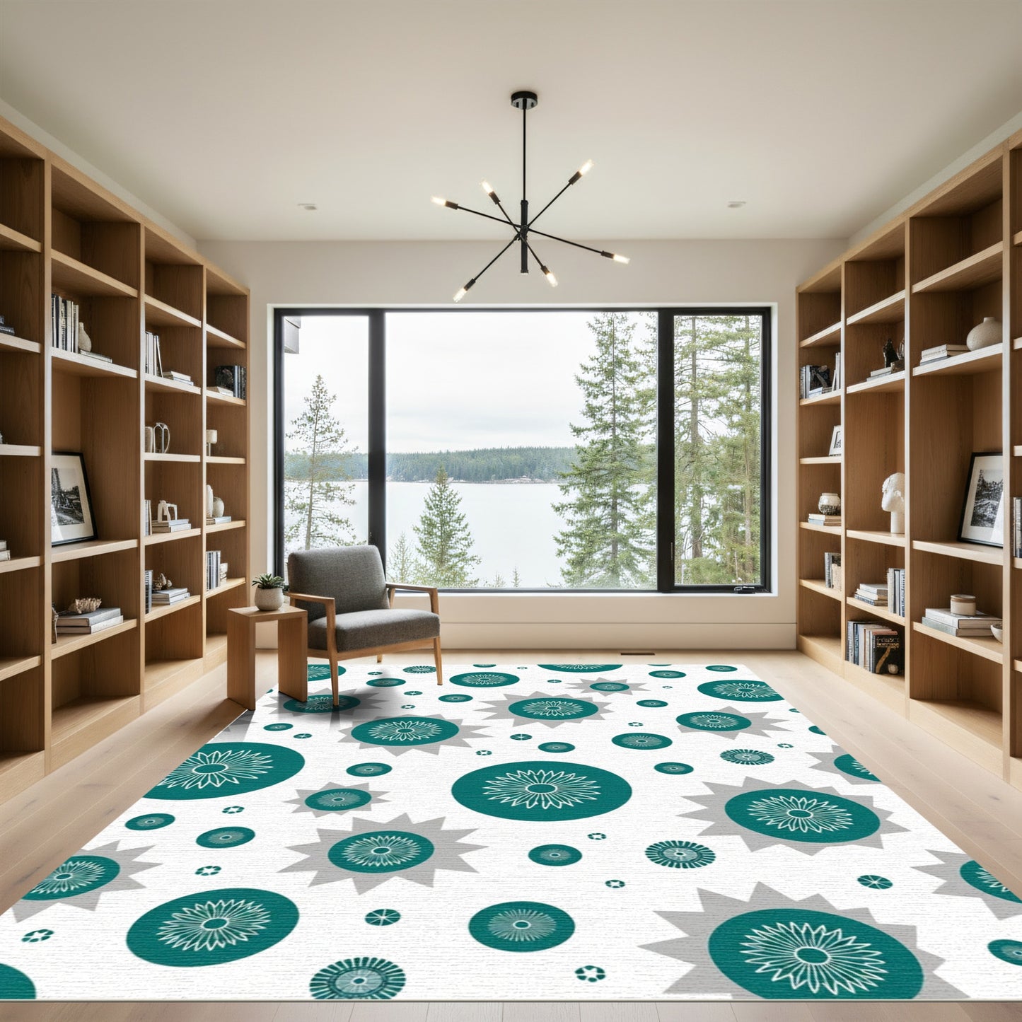 Teal White Starburst Floral Cluster Rug