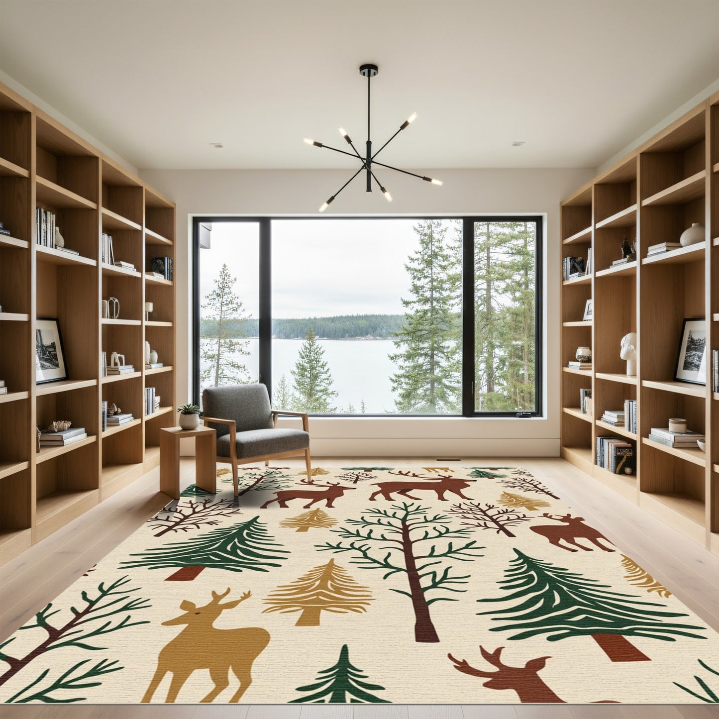 Woodland Deer Forest Winter Scene Rug