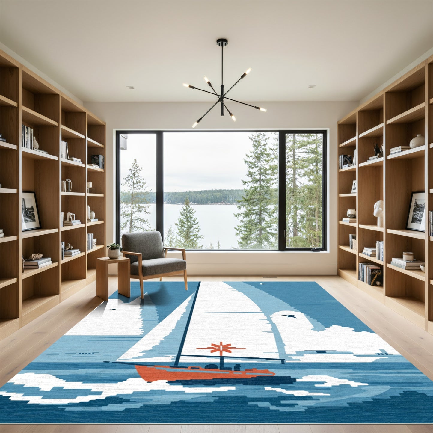 Orange Sailboat on Blue Pixelated Ocean Rug