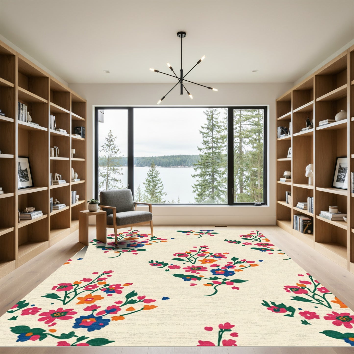 Vibrant Coral Blue Garden Sprigs Rug