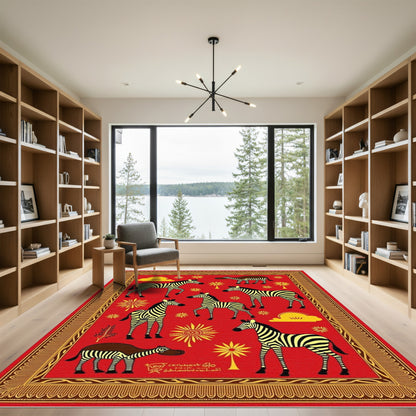 Red Zebra Safari Tribal Border Rug