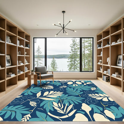 Deep Blue Tropical Foliage Arrangement Rug