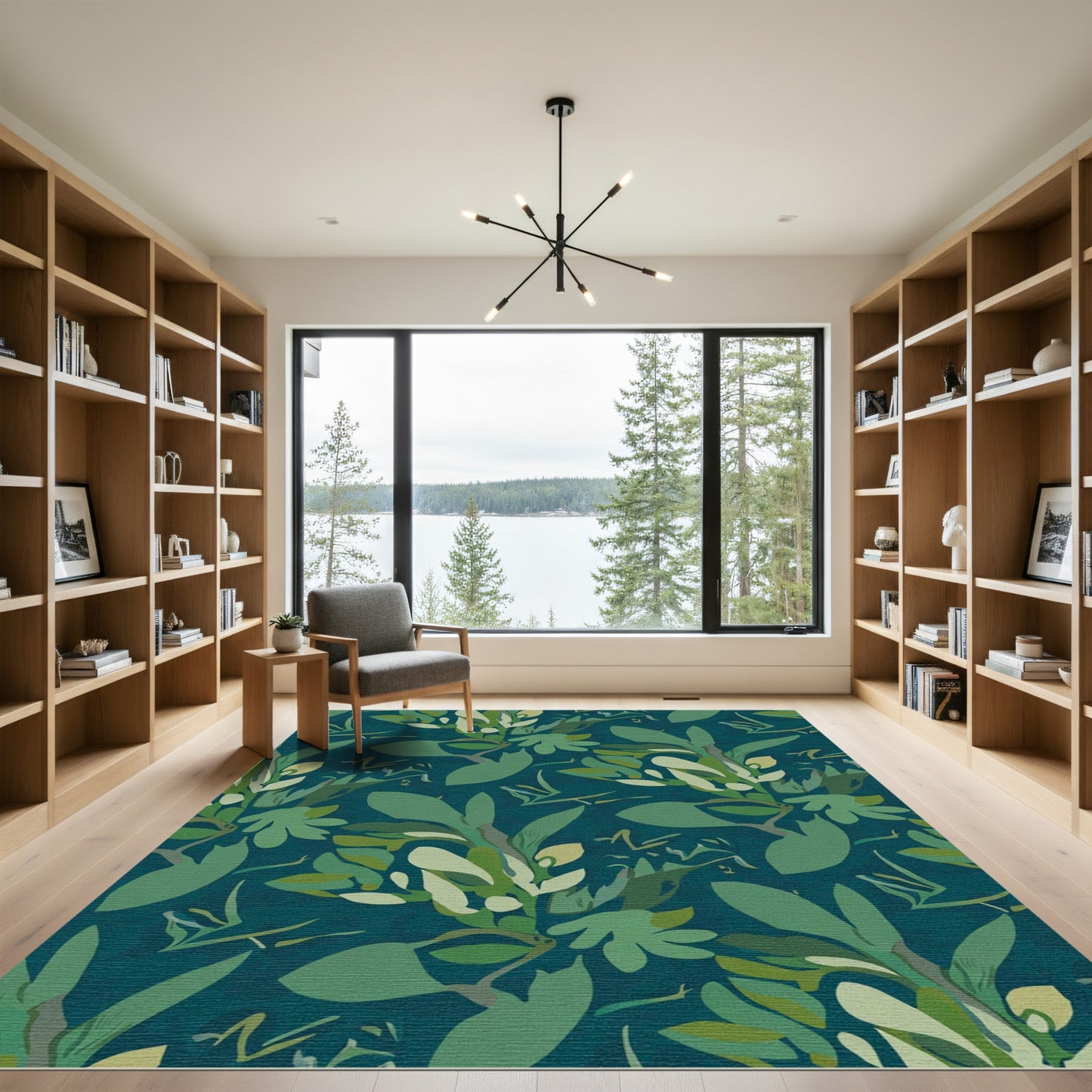 Deep Teal Abstract Botanical Leaves Rug