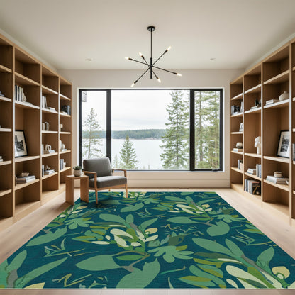Deep Teal Abstract Botanical Leaves Rug