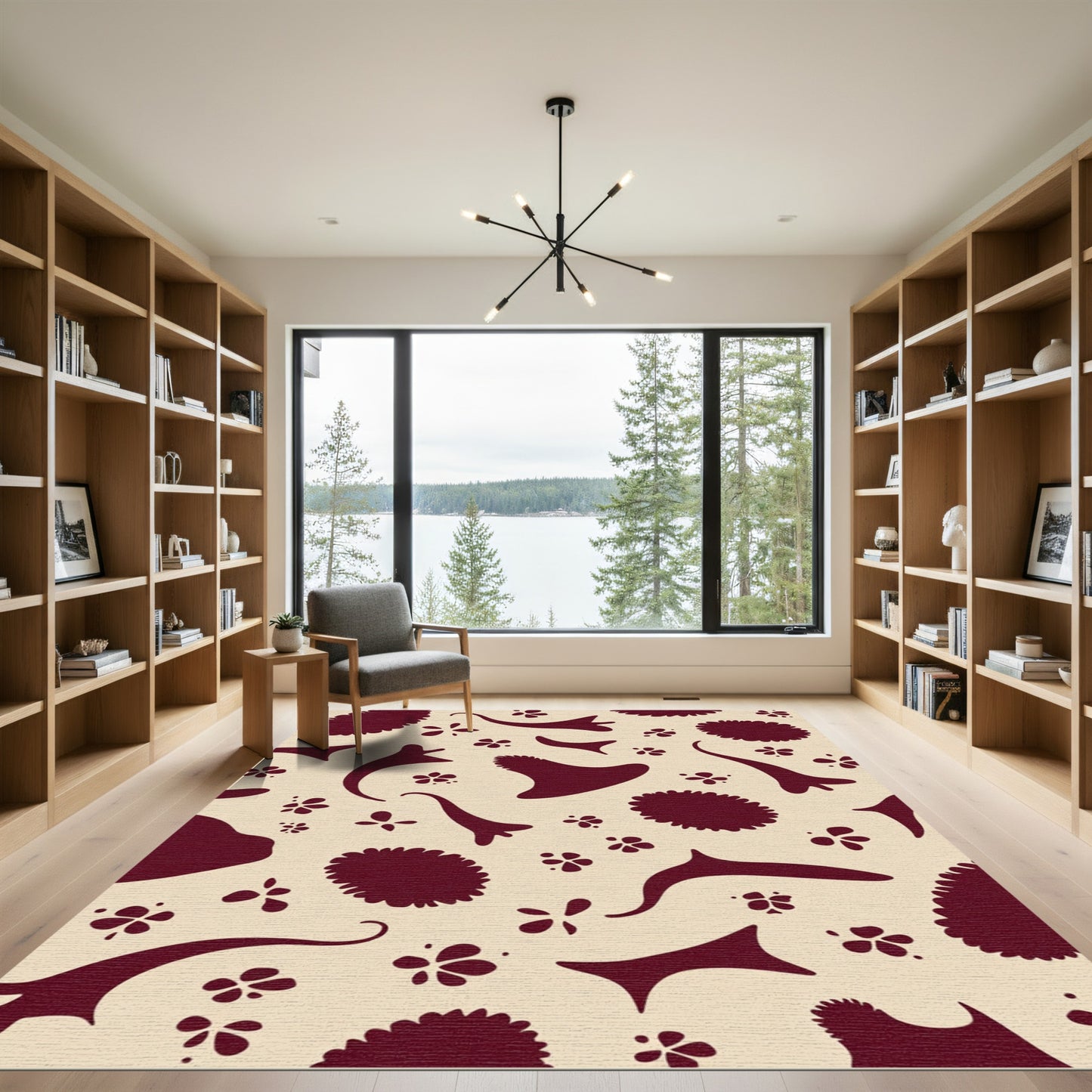 Crimson Floral Swirls Cream Rug