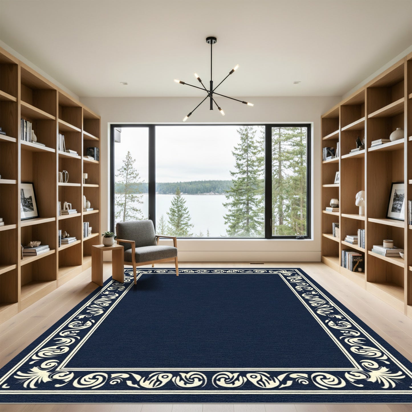Dark Blue Traditional Floral Border Rug