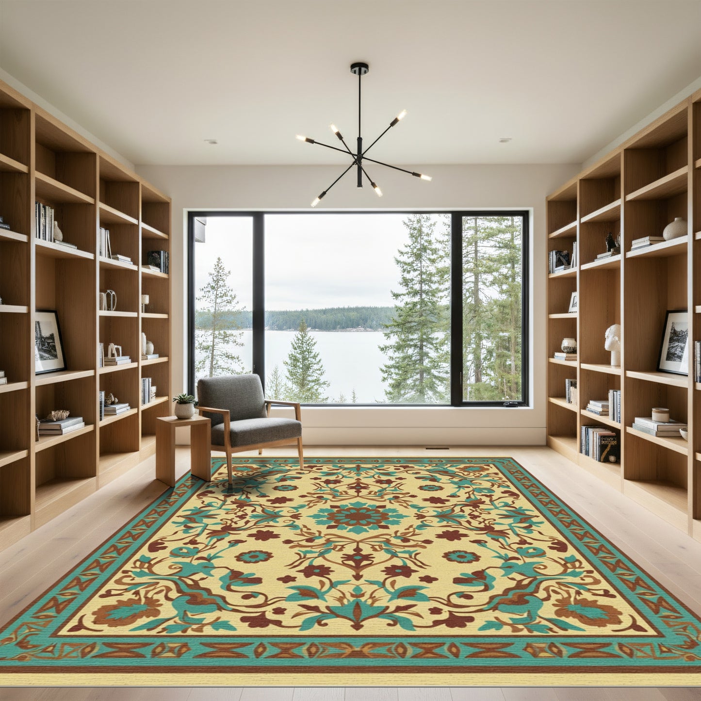 Golden Teal Brown Floral Medallion Rug