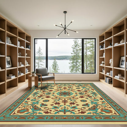 Golden Teal Brown Floral Medallion Rug