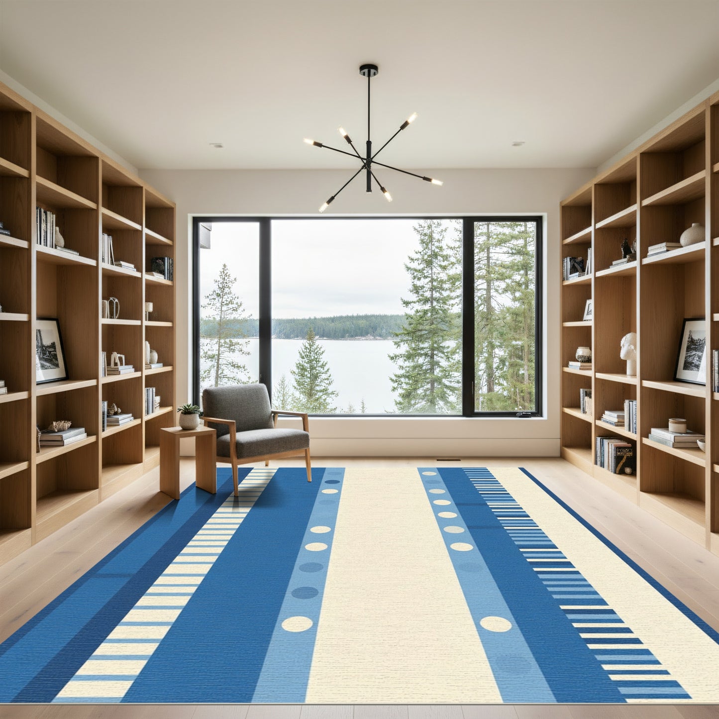 Indigo Blue Cream Mid-Century Stripes Rug
