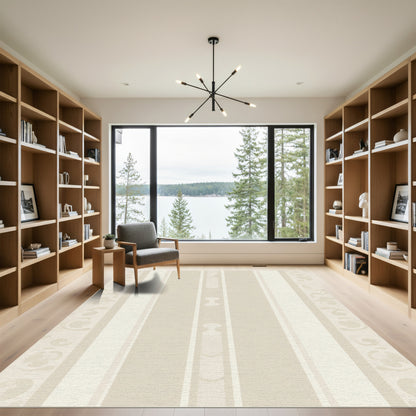 Neutral Cream Stripe Scroll Border Rug