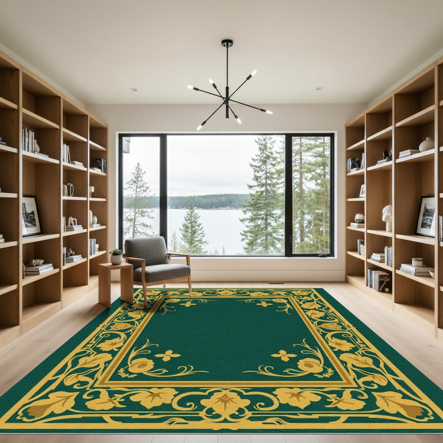 Emerald Green Floral Border Rug