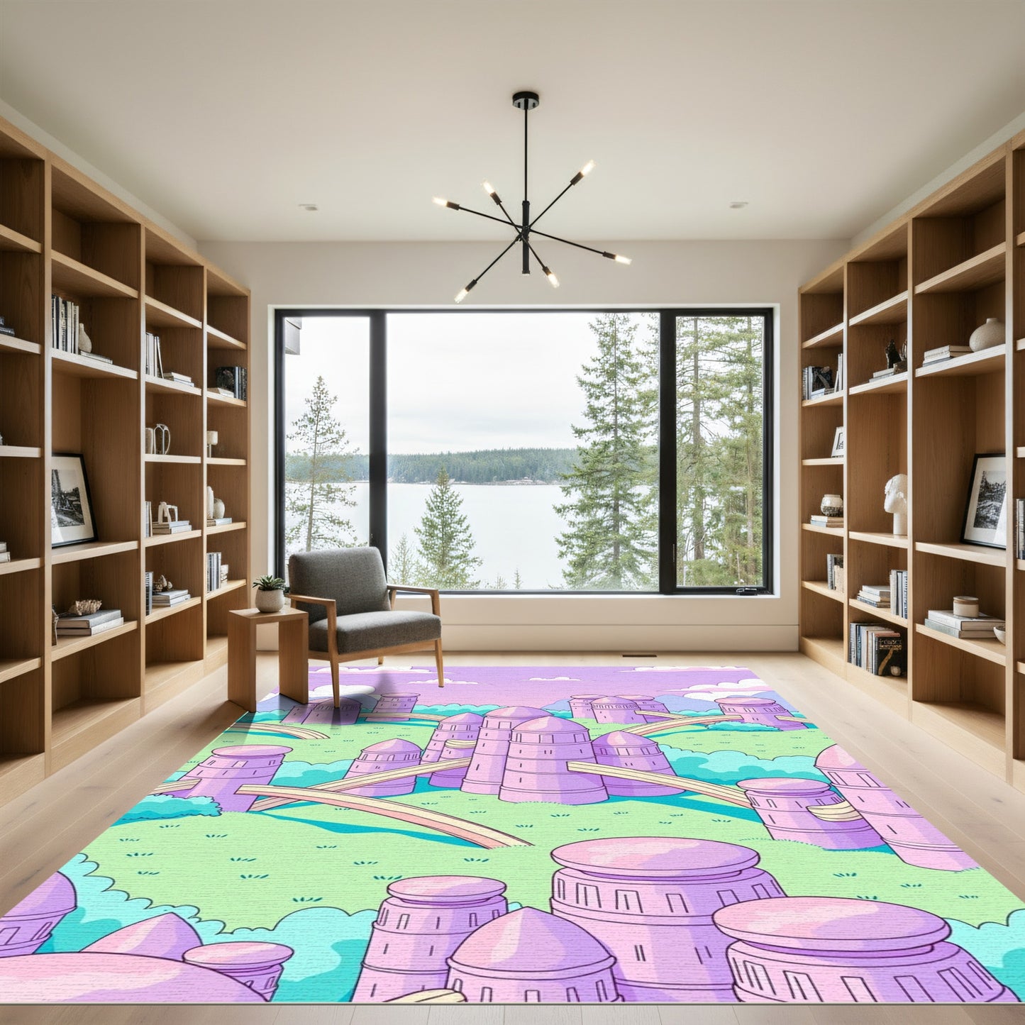 Whimsical Pastel Pink Futuristic Cityscape Rug