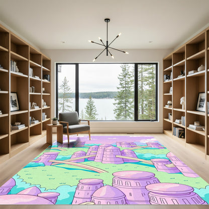 Whimsical Pastel Pink Futuristic Cityscape Rug