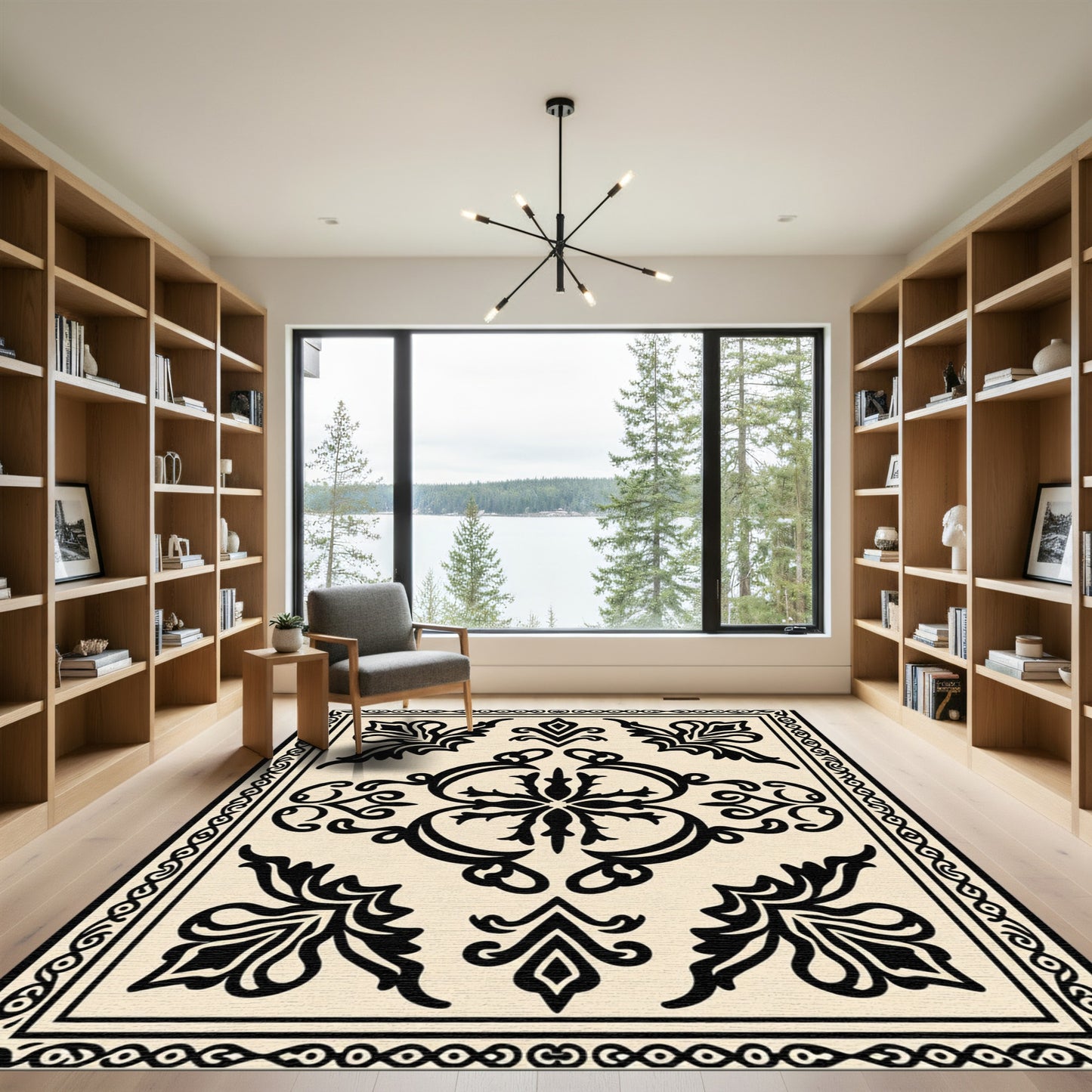 Cream Black Traditional Floral Medallion Rug