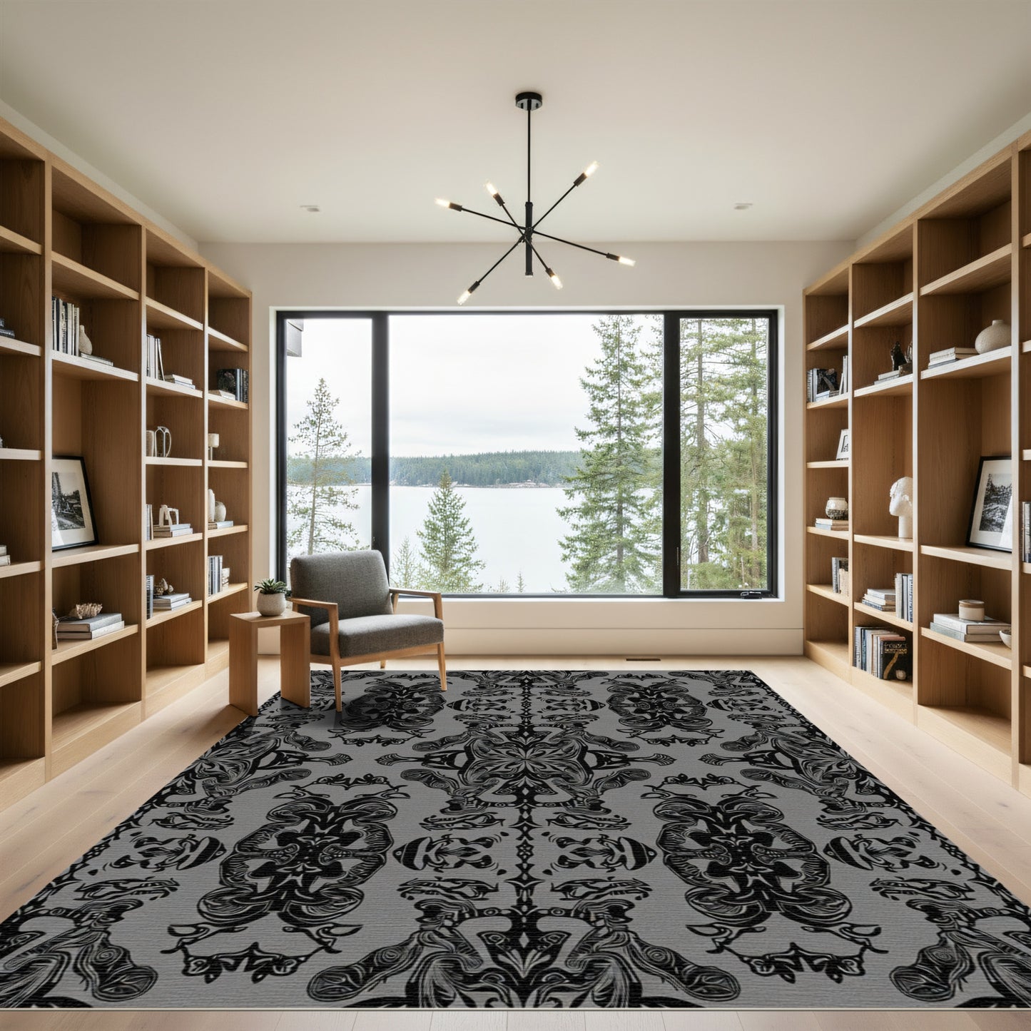 Ornate Black Scrollwork Gray Textile Rug