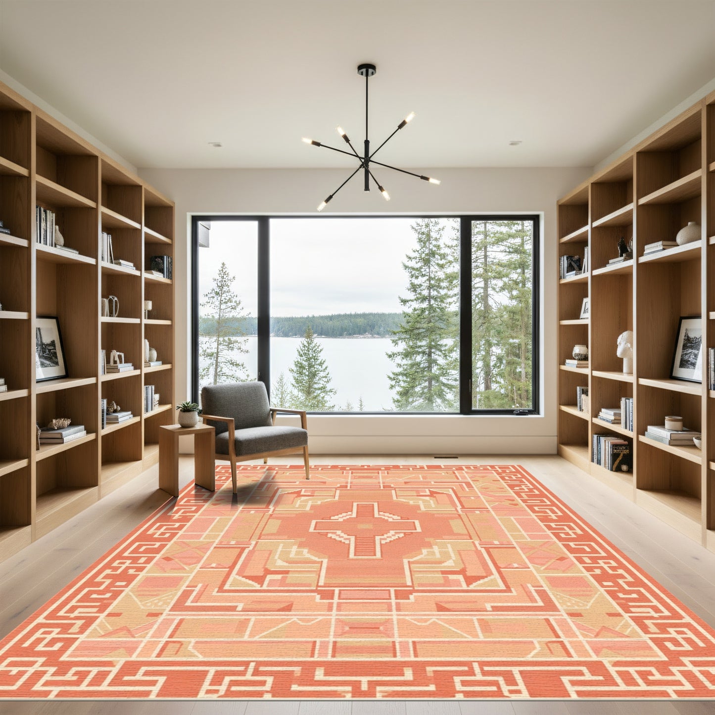 Coral Geometric Staircase Arch Motif Rug