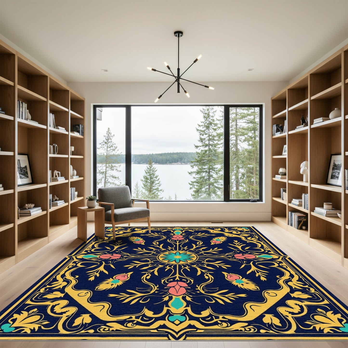 Indigo Rose Botanical Scroll Rug