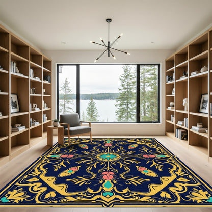 Indigo Rose Botanical Scroll Rug