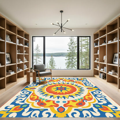 Vibrant Blue Red Yellow Sunburst Mandala Rug