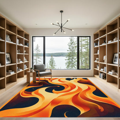 Fiery Orange Swirl Abstract Rug