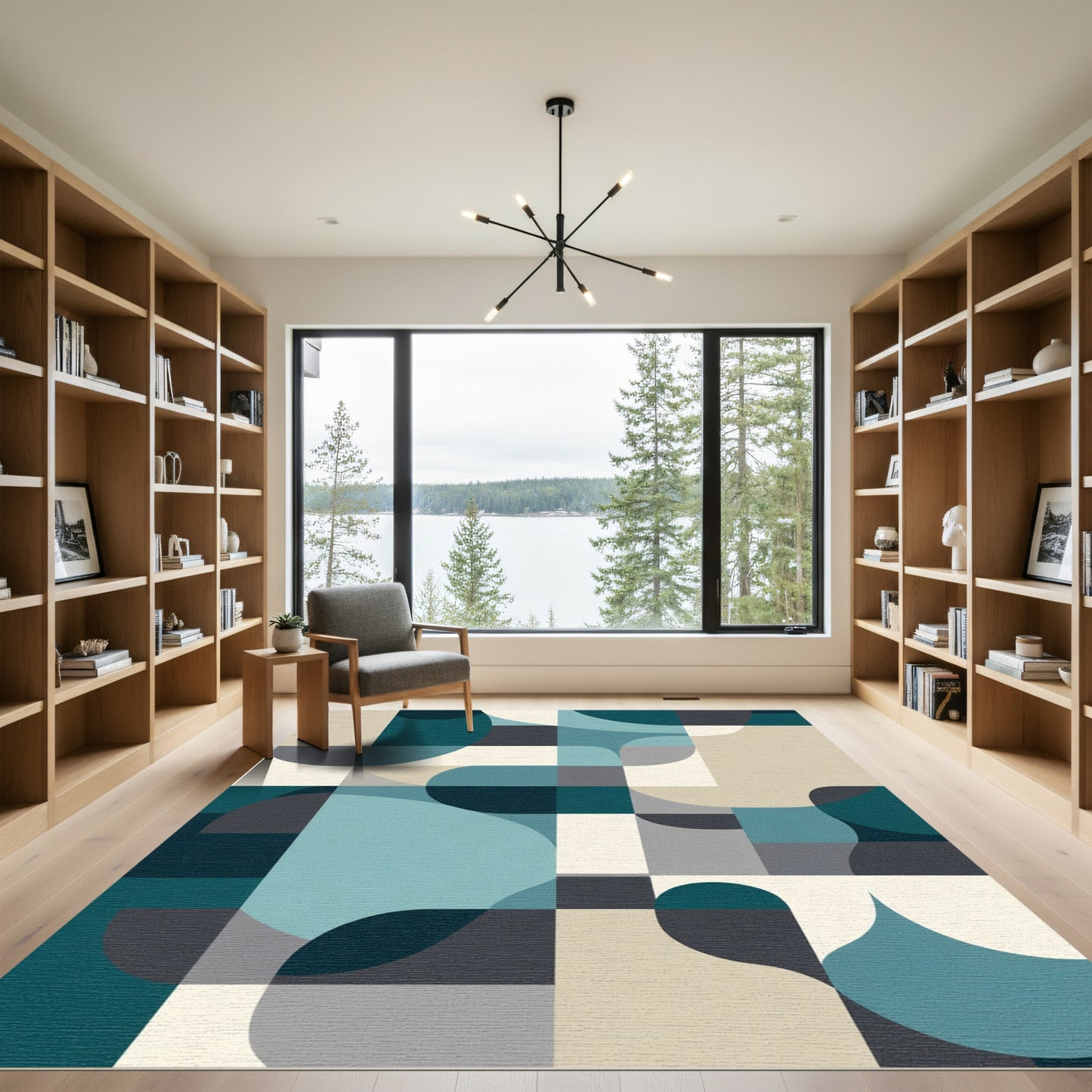 Teal Gray Abstract Geometric Curves Rug