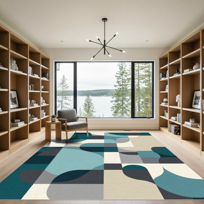 Teal Gray Abstract Geometric Curves Rug