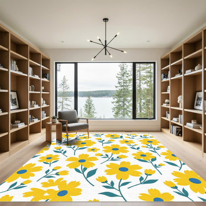 Whimsical Yellow Daisy Blue Center Rug