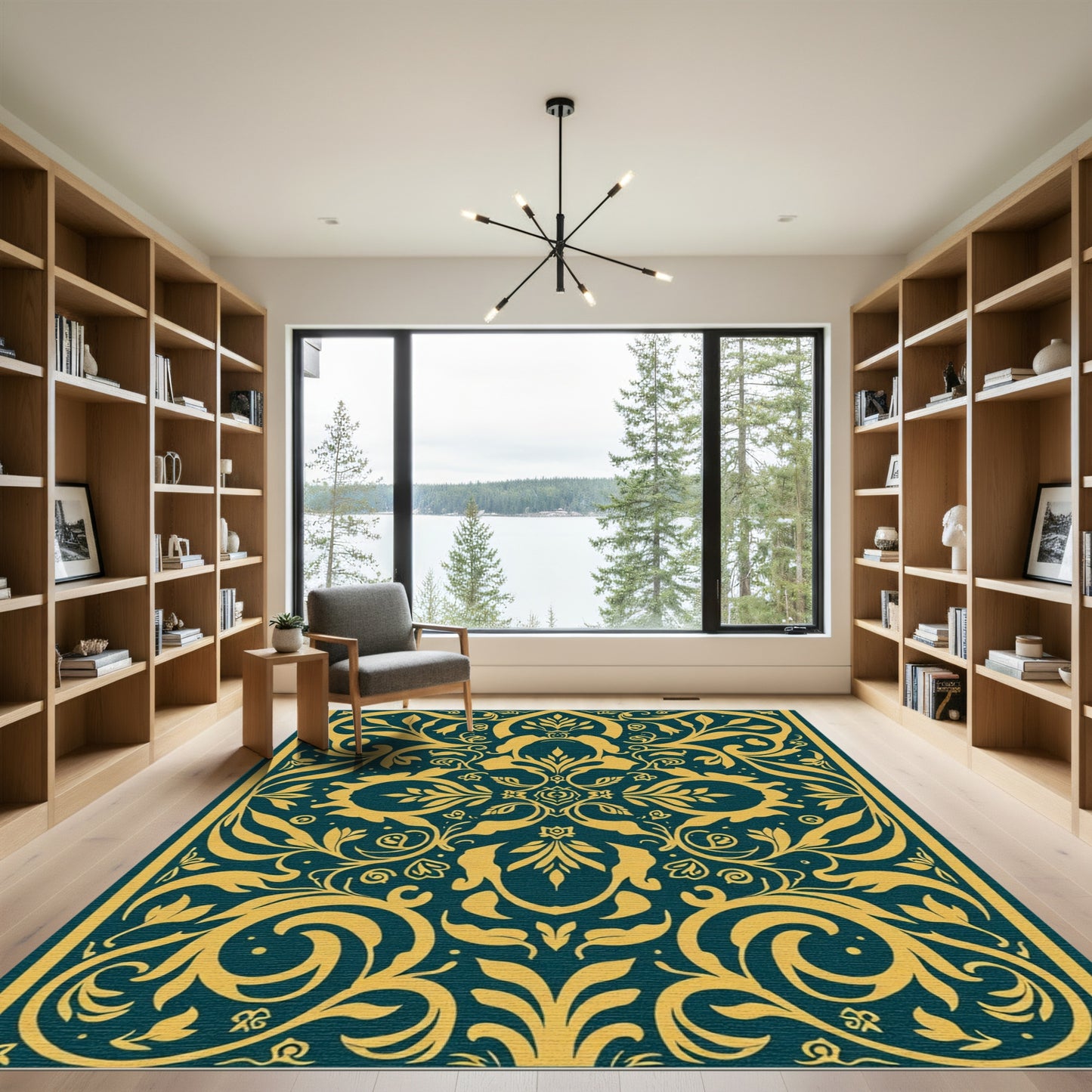 Golden Teal Floral Scrollwork Rug