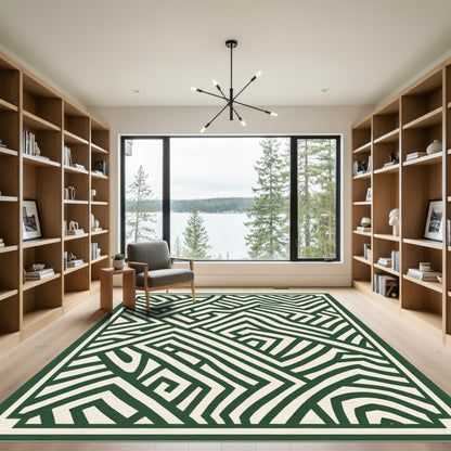 Forest Green Abstract Geometric Maze Rug