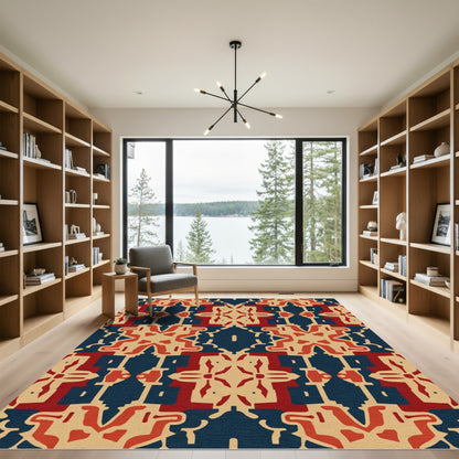 Red Blue Beige Geometric Medallion Rug