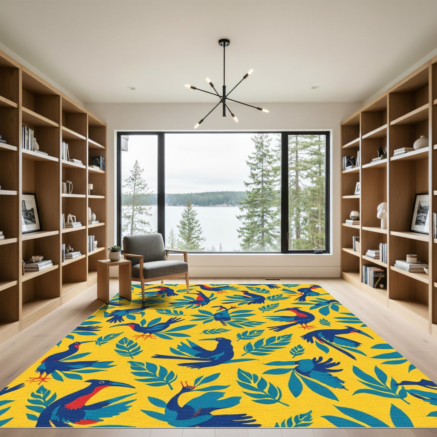 Bold Blue Bird Botanical Yellow Ground Rug
