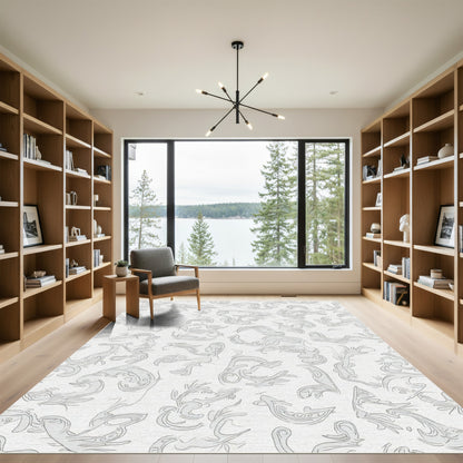 Abstract Swirls Line Art White Grey Rug