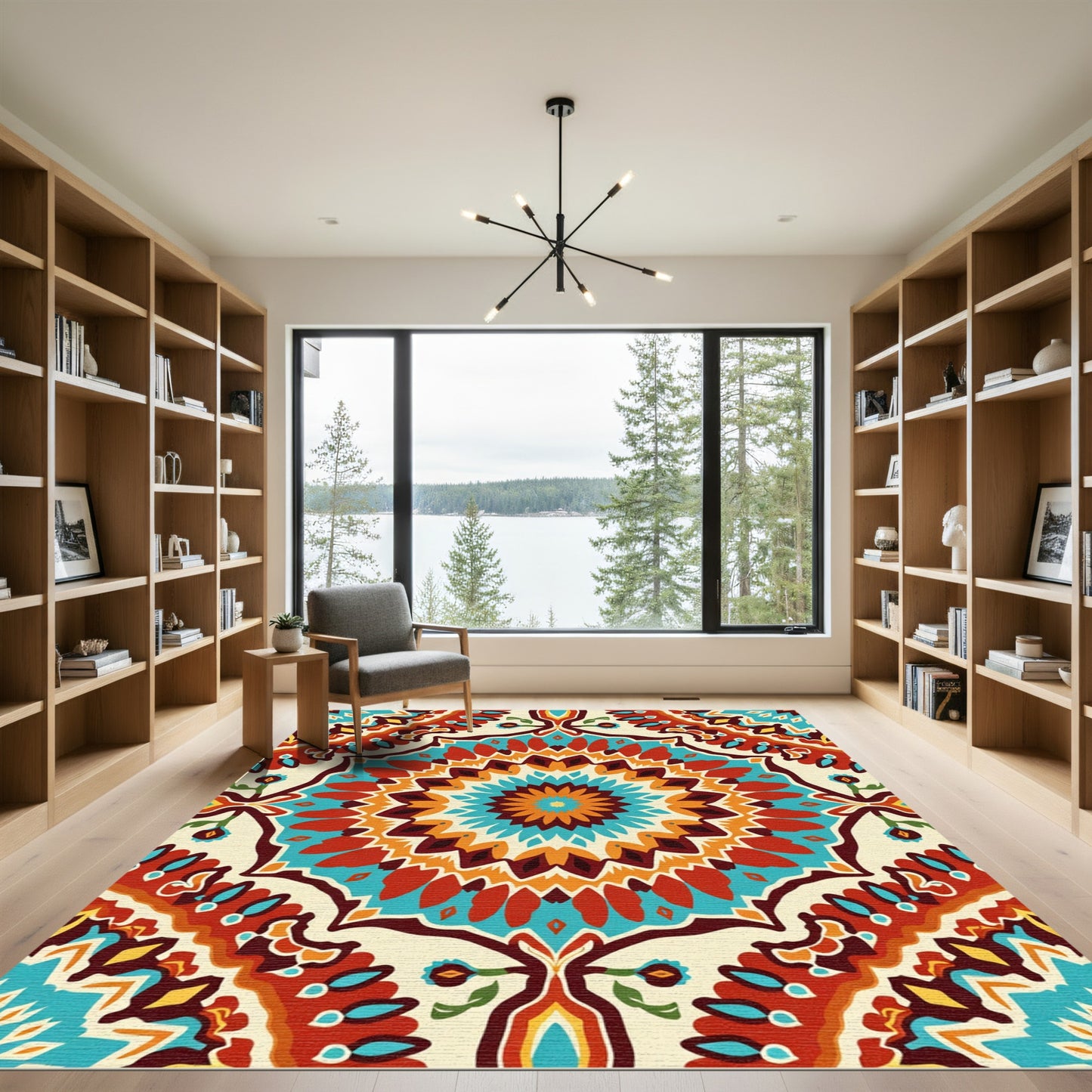 Vibrant Teal Red Mandala Pillow Rug