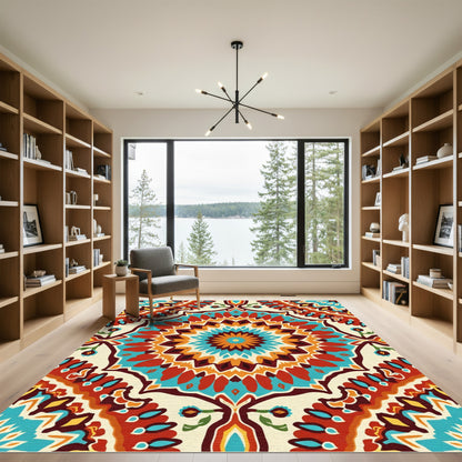 Vibrant Teal Red Mandala Pillow Rug