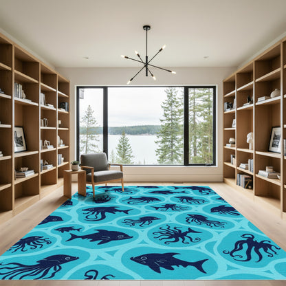 Marine Life Navy Silhouette Tile Rug